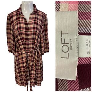 LOFT Shirt Dress Womens XL Pink Plaid Belted Cabin Cozy Work Office Church